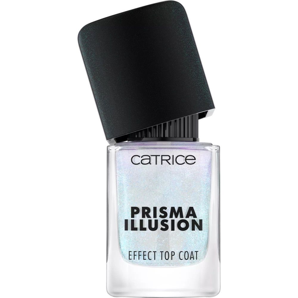 Catrice Prisma Illusion Effect Top Coat flesje. Zwarte dop iets geopend. Transparante nagellak met glinsterende deeltjes.