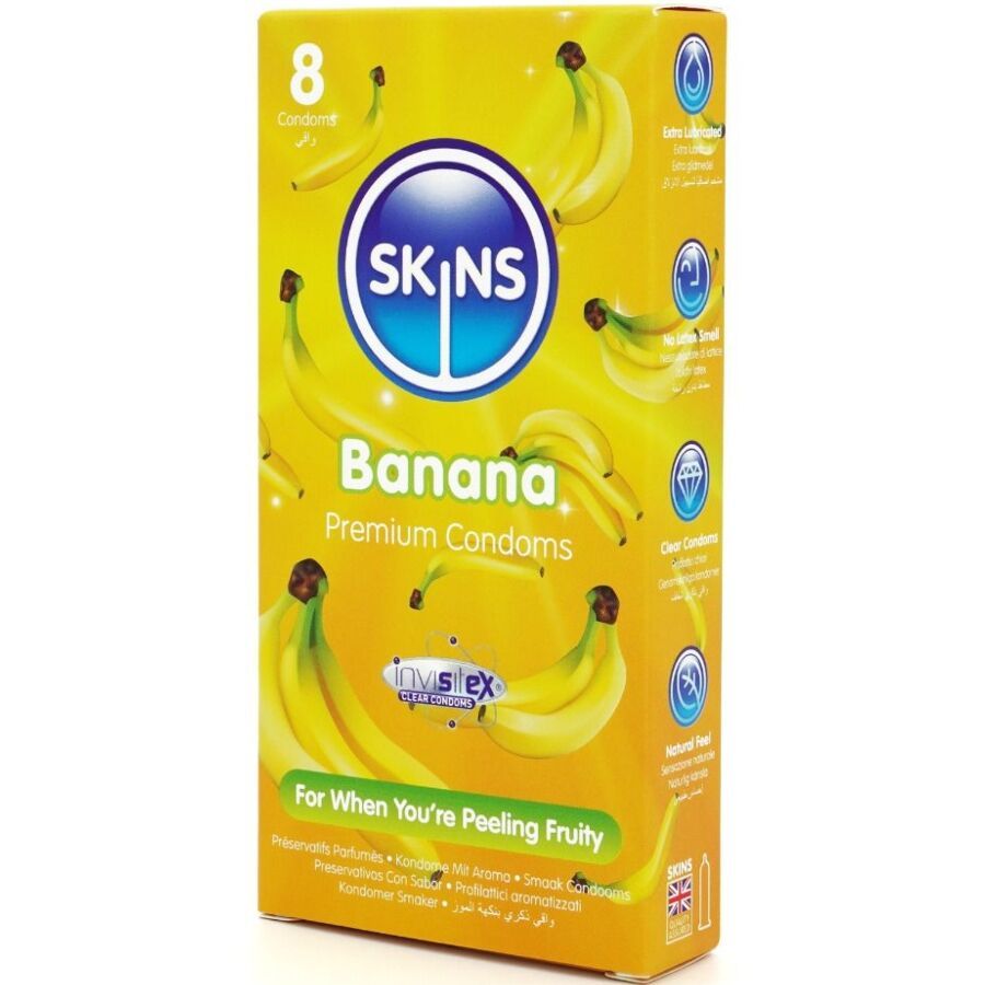 Boîte de 8 préservatifs. Emballage jaune avec motifs de bananes et logo SKINS. Inscription : Banana Premium Condoms.