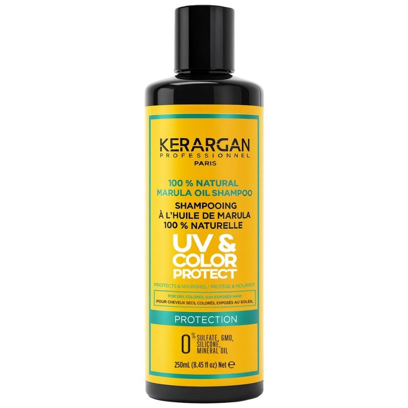 Flacon noir avec étiquette jaune. Inscription: Kerargan, shampooing UV & Color Protect à l'huile de marula. 250ml.