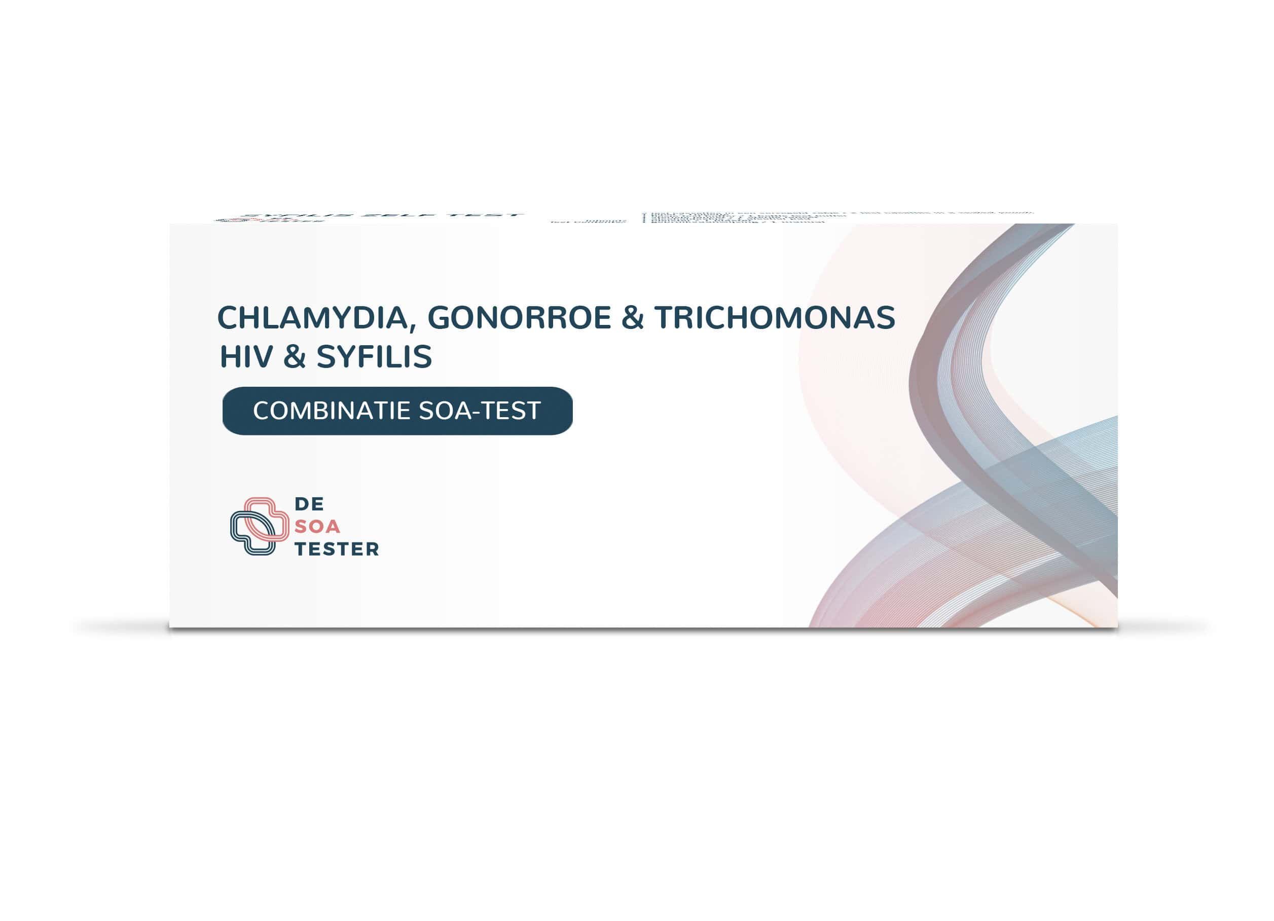 Boîte avec texte: Chlamydia, Gonorrhée, Trichomonas, VIH & Syphilis. Inscription: Combinatie SOA-Test. Logo: De SOA Tester.