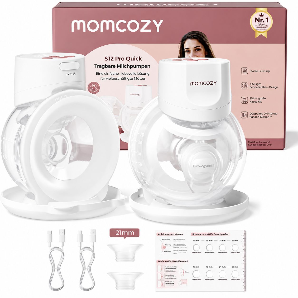 Momcozy S12 Pro Quick elektrische borstkolf met accessoires en verpakking.