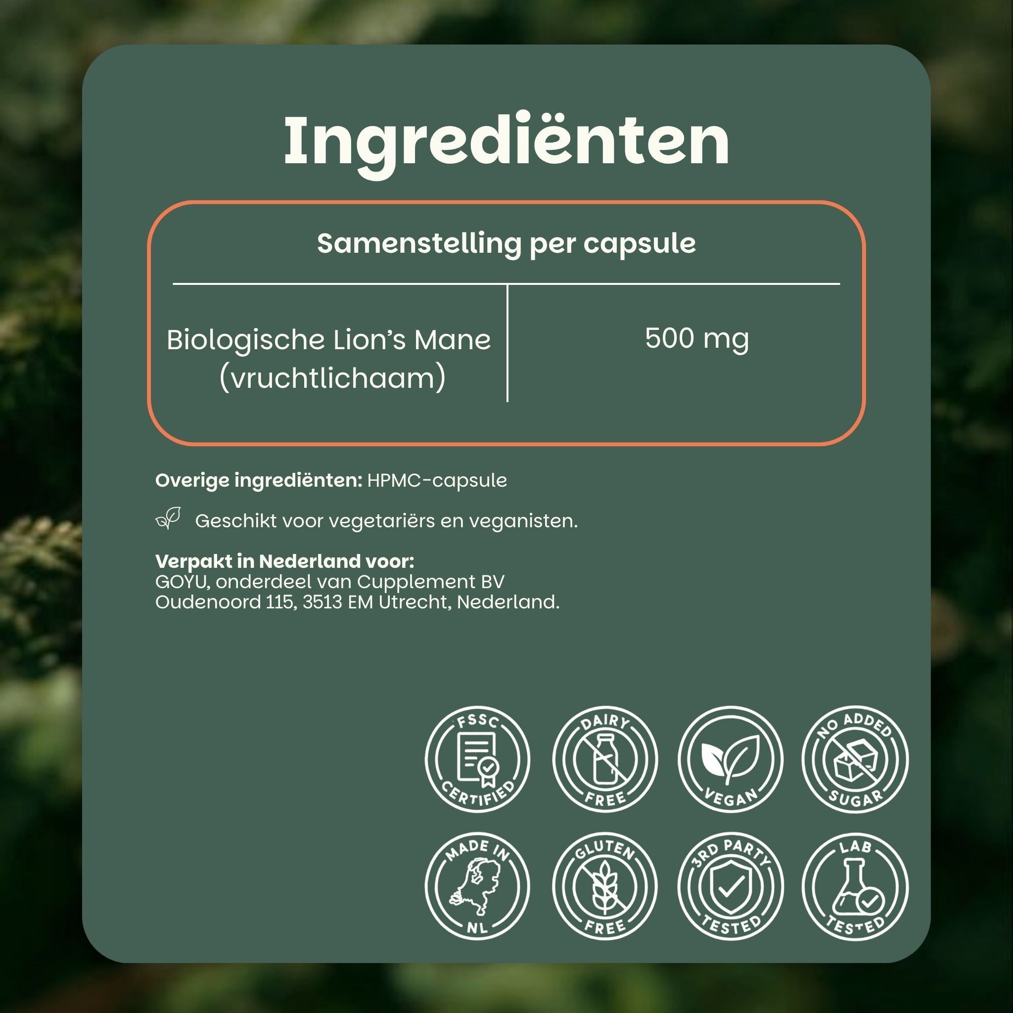 Een overzicht van de ingrediënten van Lion's Mane capsules, met vermelding van 500 mg per capsule en diverse certificeringen zoals 'Vegan' en 'Gluten Free'.