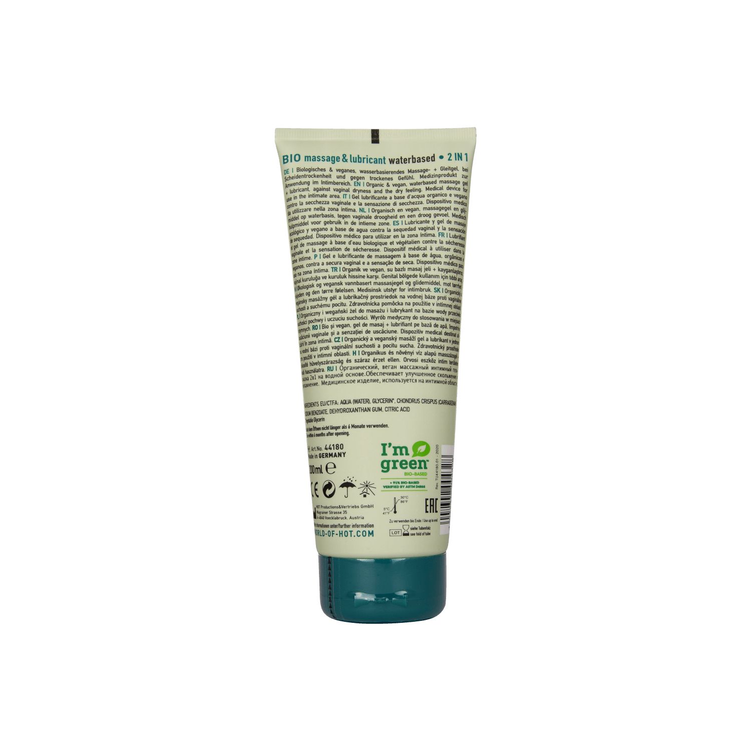 Arrière d'un tube de BIO Massage & Lubrifiant 2EN1, à base d'eau.