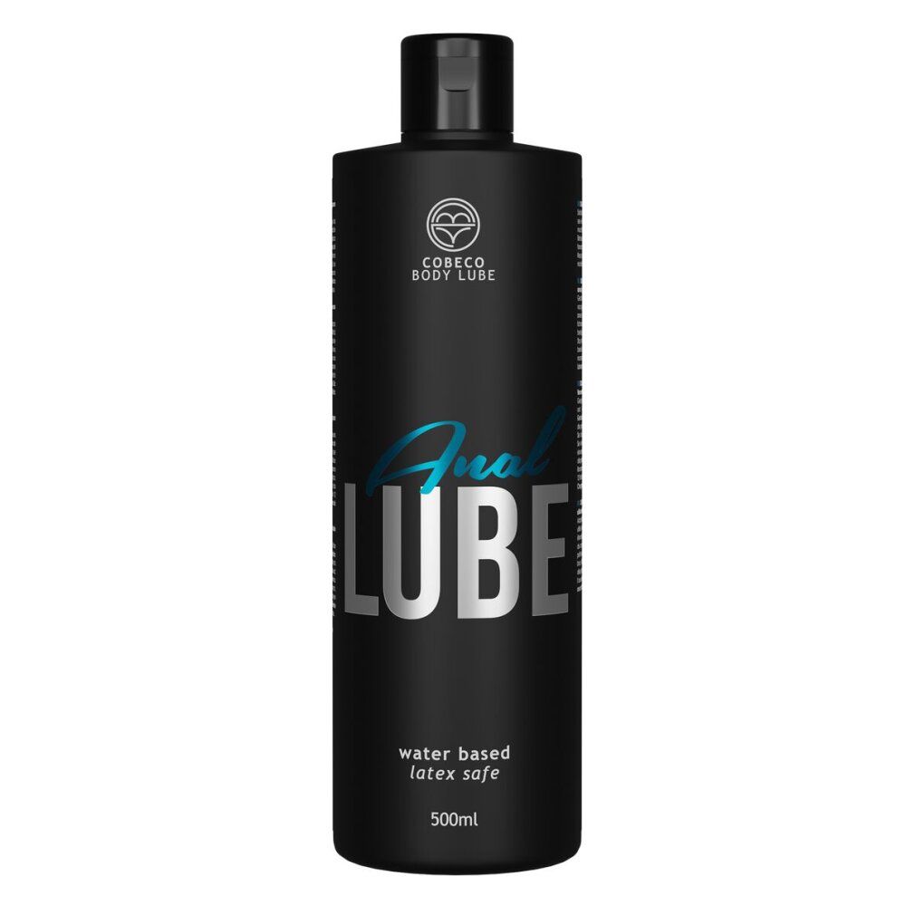 Flacon noir "Anal Lube". Marque Cobeco Bodylube. À base d'eau, sans latex. 500ml.