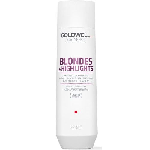 Flacon blanc avec texte violet Goldwell Blondes & Highlights Anti-Yellow Shampoo. 250ml. Color Protection.