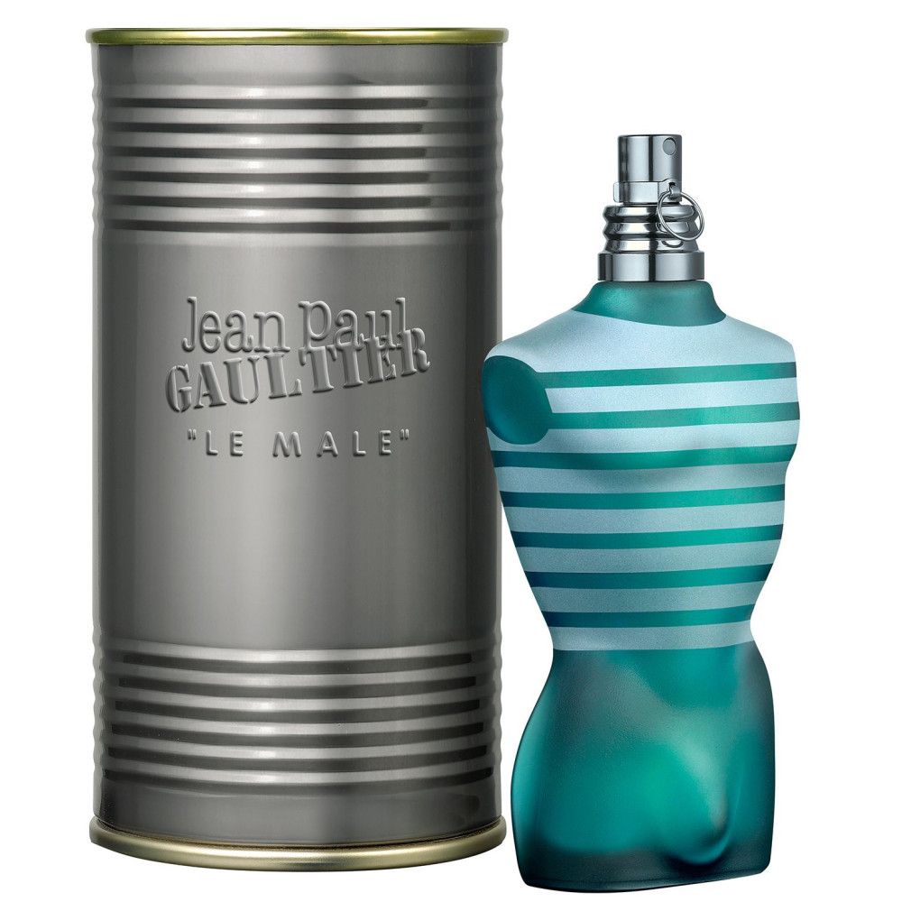 Flacon de parfum en forme de torse et boîte. Boîte avec inscription "Jean Paul Gaultier LE MALE". Flacon rayé bleu-vert.