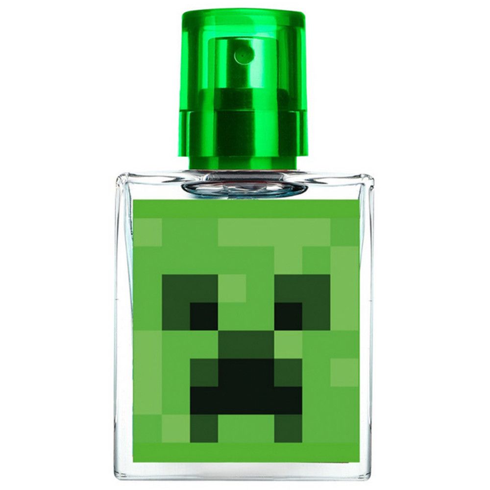 Flacon carré d'Eau de Toilette avec tête de Creeper verte. Bouchon et vaporisateur verts.