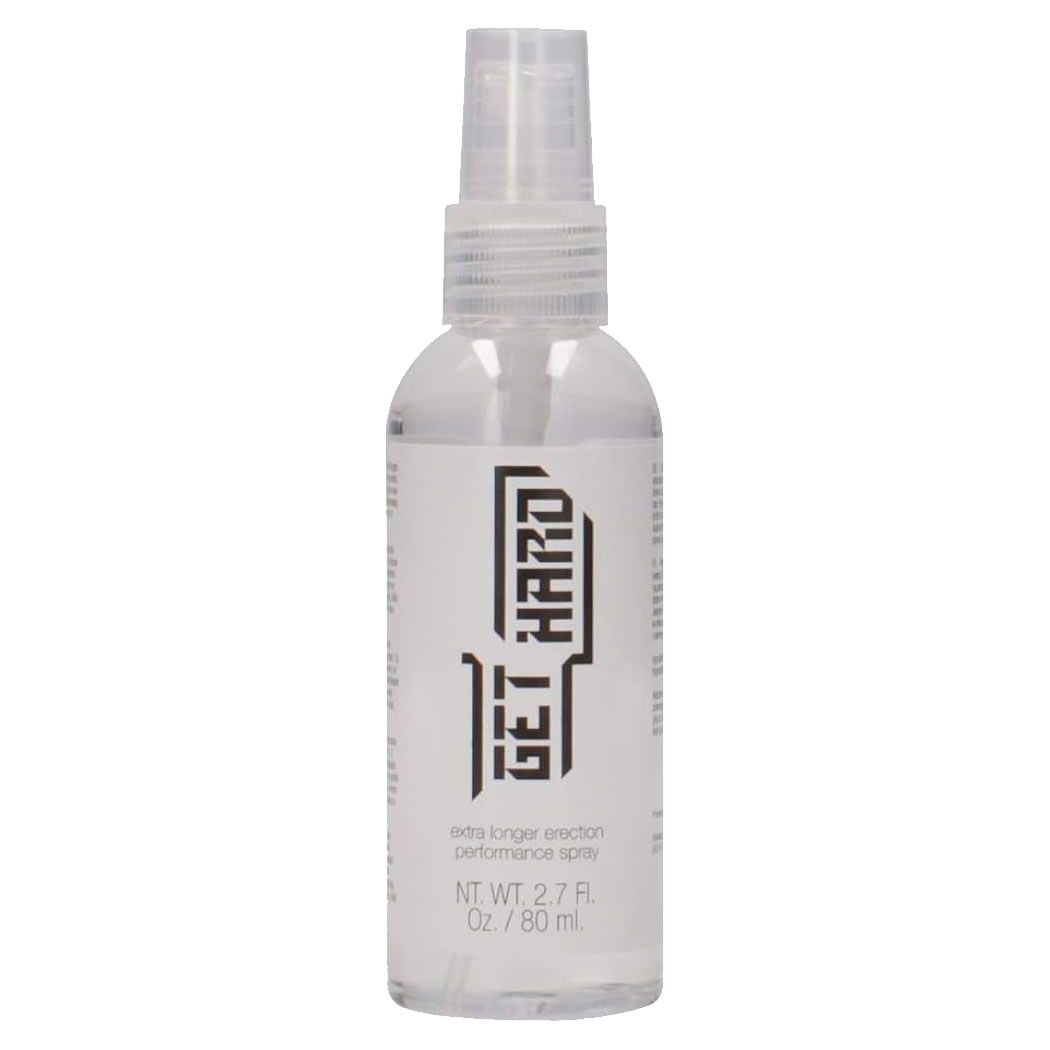 Flacon transparent avec vaporisateur. Inscription "GET HARD". Texte en dessous : "extra longer erection performance spray".