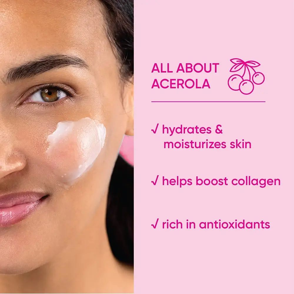 Vrouw met product op de wang. Tekst: "ALL ABOUT ACEROLA", "hydrates & moisturizes skin", "helps boost collagen", "rich in antioxidants".