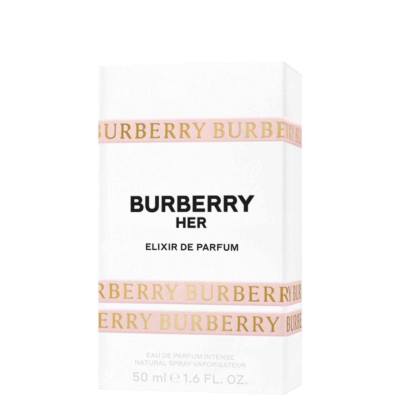 Emballage Burberry Her Elixir Eau de Parfum. Blanc avec inscription rose Burberry. Inscription noire.
