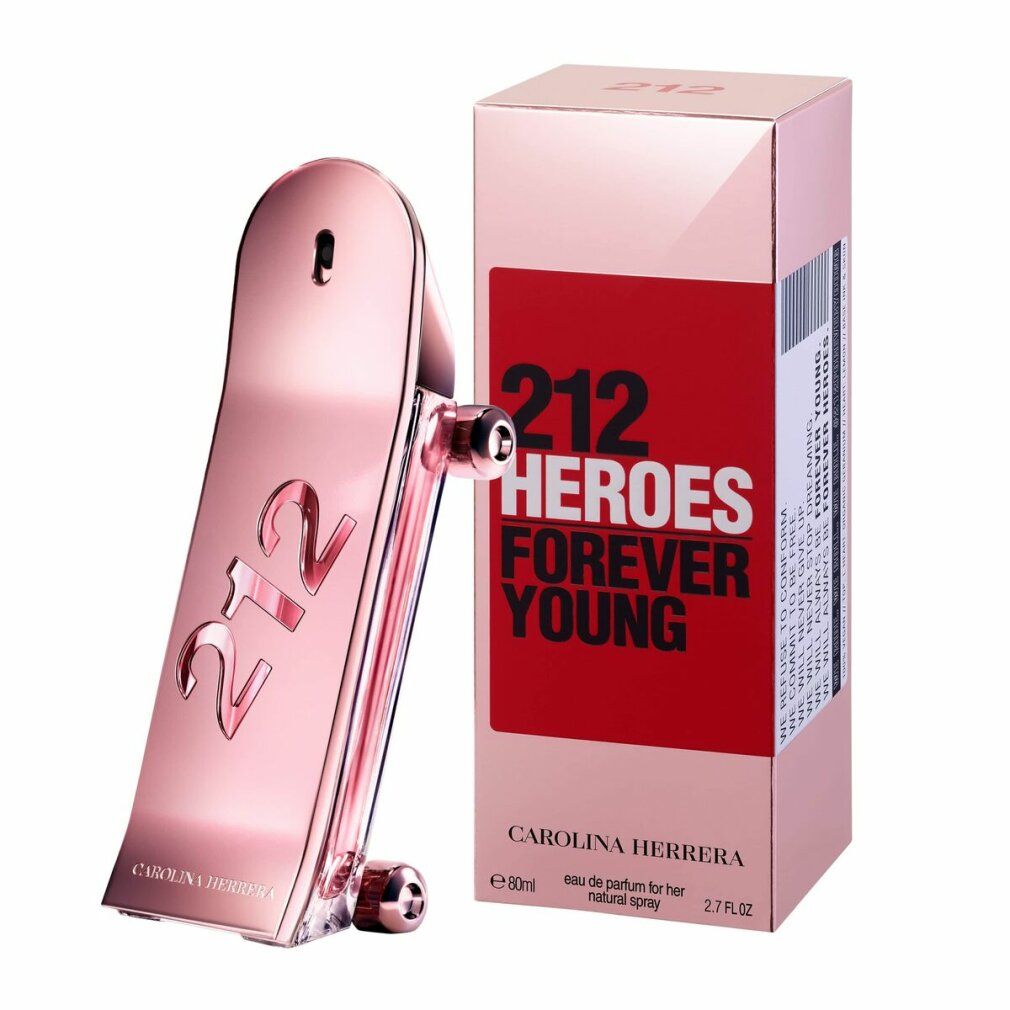 Roze fles en verpakking. Opschrift "212 Heroes Forever Young" en "Carolina Herrera".