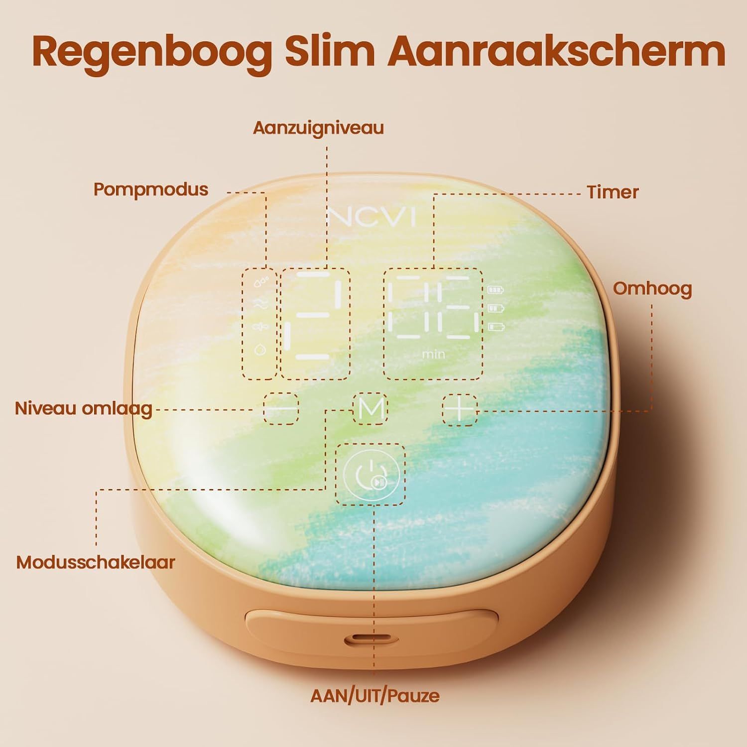 Rond apparaat met regenboogdesign en touchscreen. Toont timer en zuigniveaus.