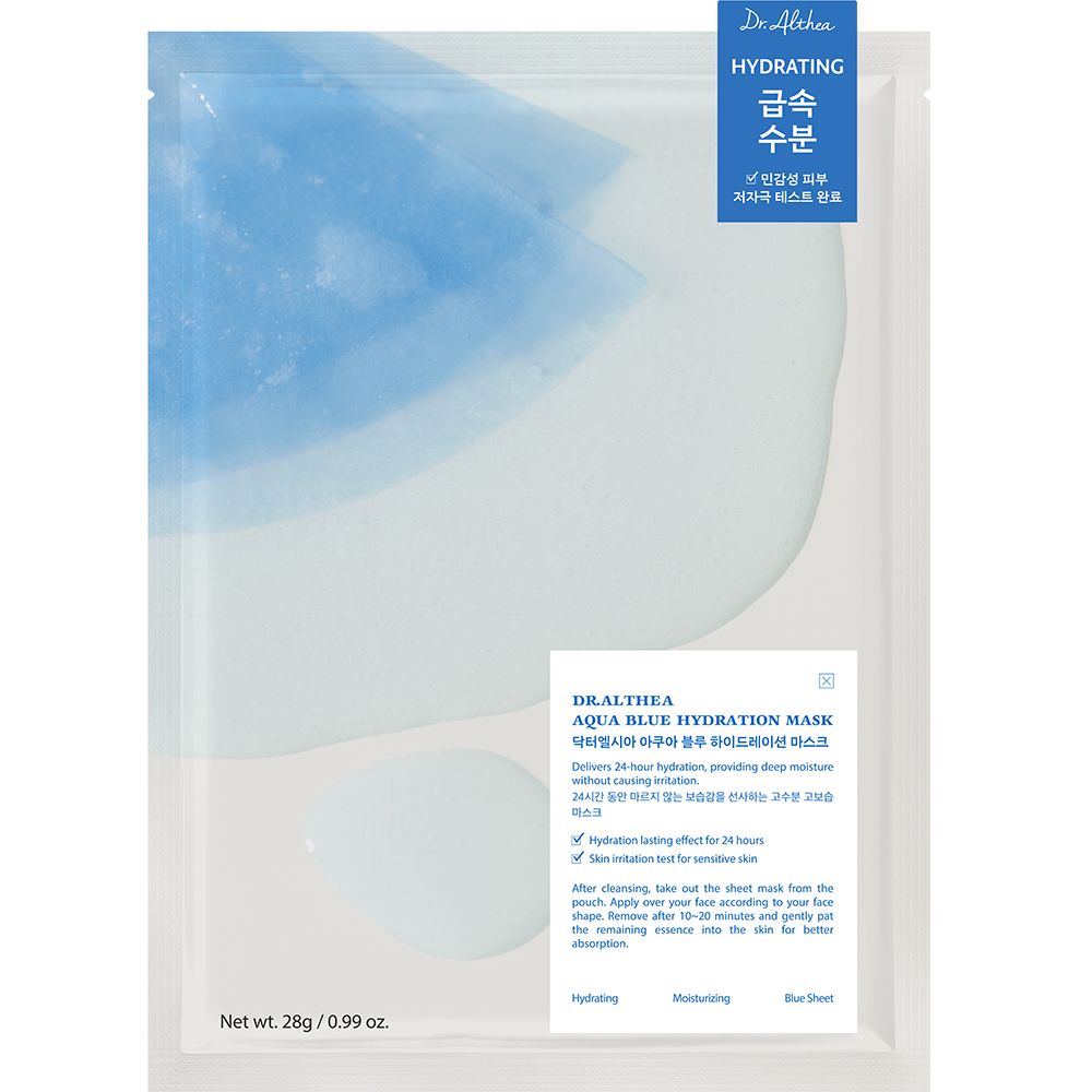 Verpakking van een blauw hydratatiemasker met productinformatie.