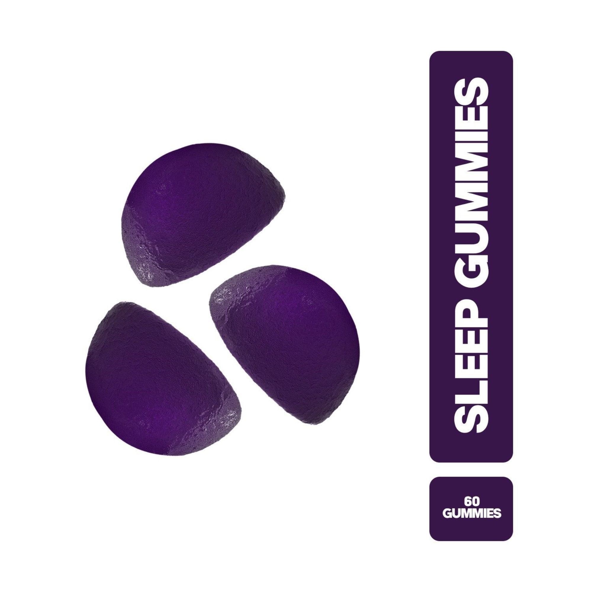 Trois Vita Ceel Sleep Gummies violets à côté d'une bande verticale avec des informations sur le produit.