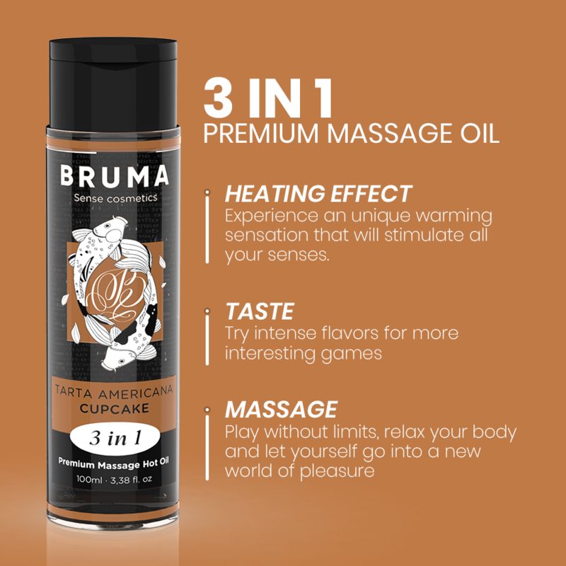 BRUMA 3 in 1 Premium Massage Hot Oil fles met etiket en informatie over verwarmingseffect, smaak en massage.