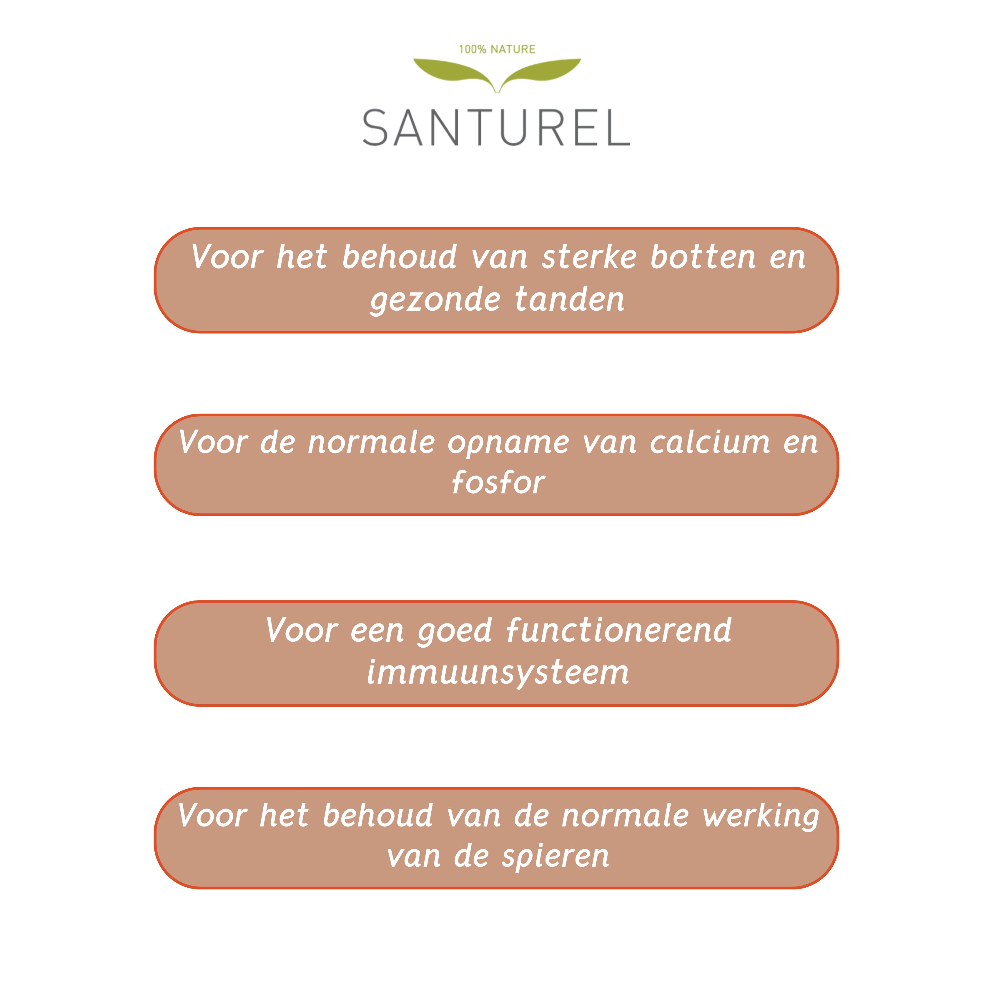Tekstvelden: Voor sterke botten, calciumopname, immuunsysteem, spierfunctie.
