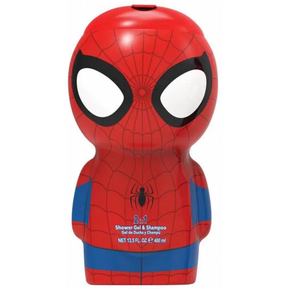 Rode Spiderman fles, 2-in-1 douchegel & shampoo, 400 ml. Spiderman gezicht met ogen, spinnenweb ontwerp, blauwe accenten.