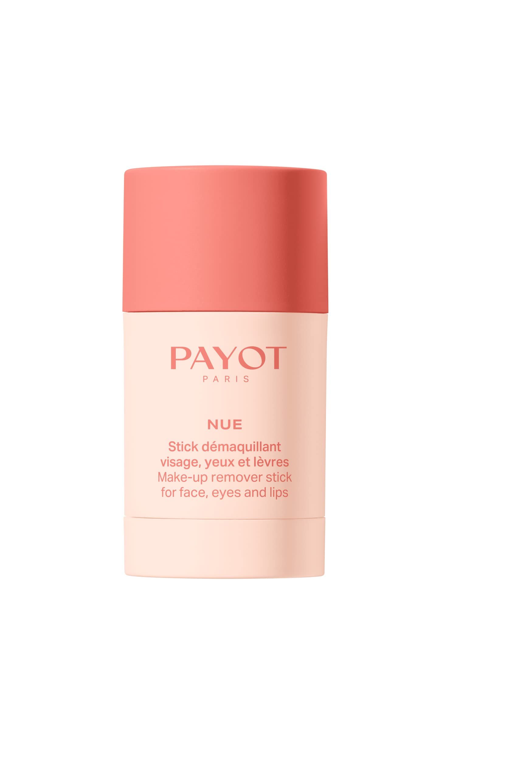 Stick démaquillant cylindrique avec bouchon rose. Inscriptions : PAYOT PARIS, NUE, Stick démaquillant visage, yeux et lèvres.