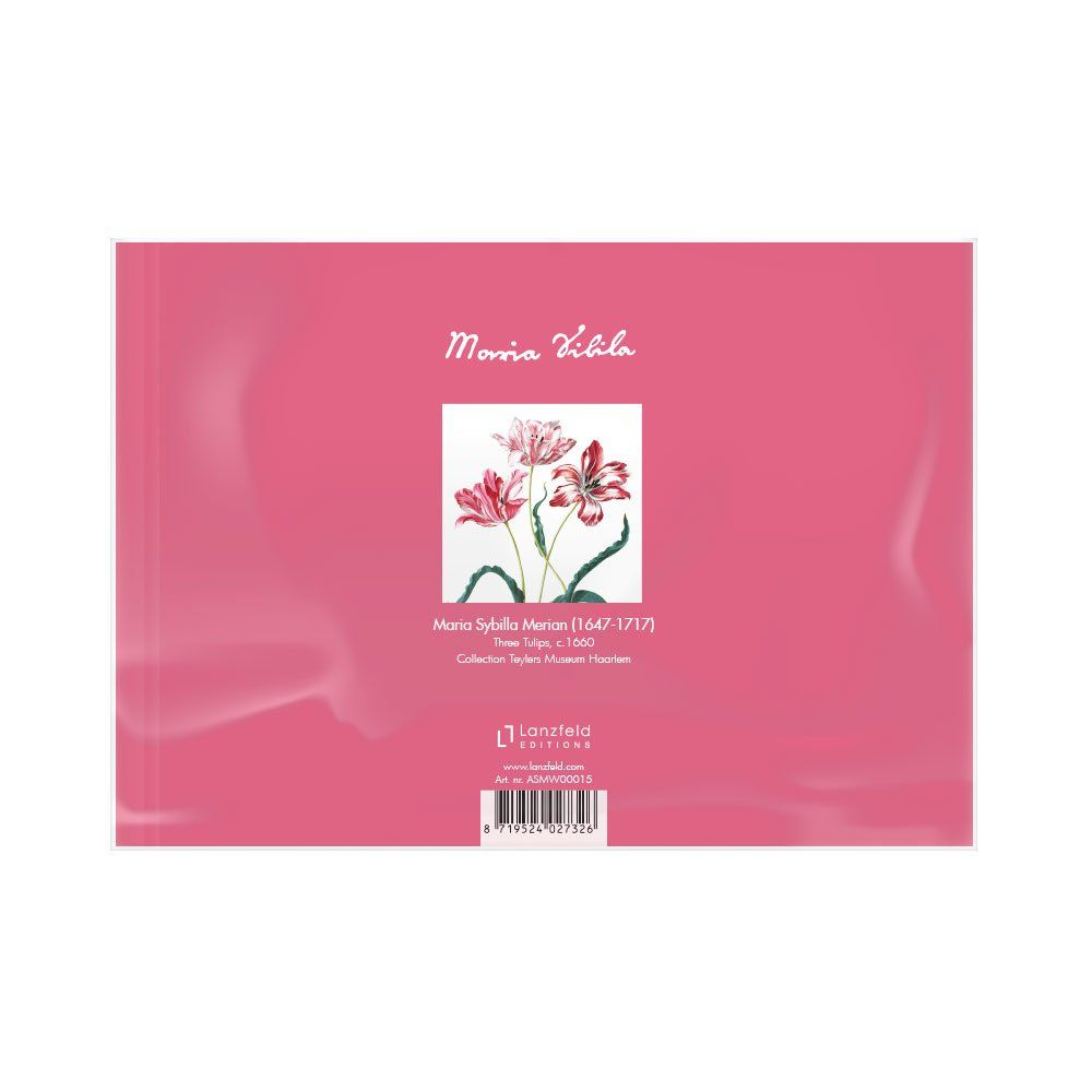 Boekomslag, roze. Titel: Maria Sibylla Merian. Afbeelding: Drie tulpen. Uitgever: Lanoield Editions.