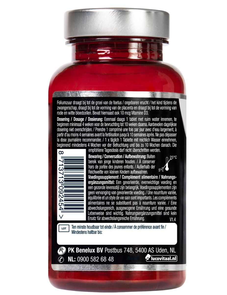 Achterkant van de fles met tekst. Bevat informatie over gebruik en opslag. Bevat een barcode.