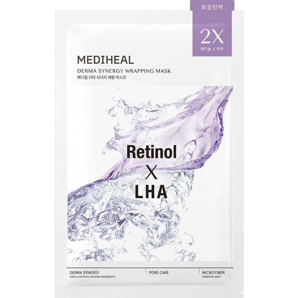 Emballage du masque MEDIHEAL Derma Synergy Wrapping. Contient du rétinol et du LHA. Avec du texte coréen.