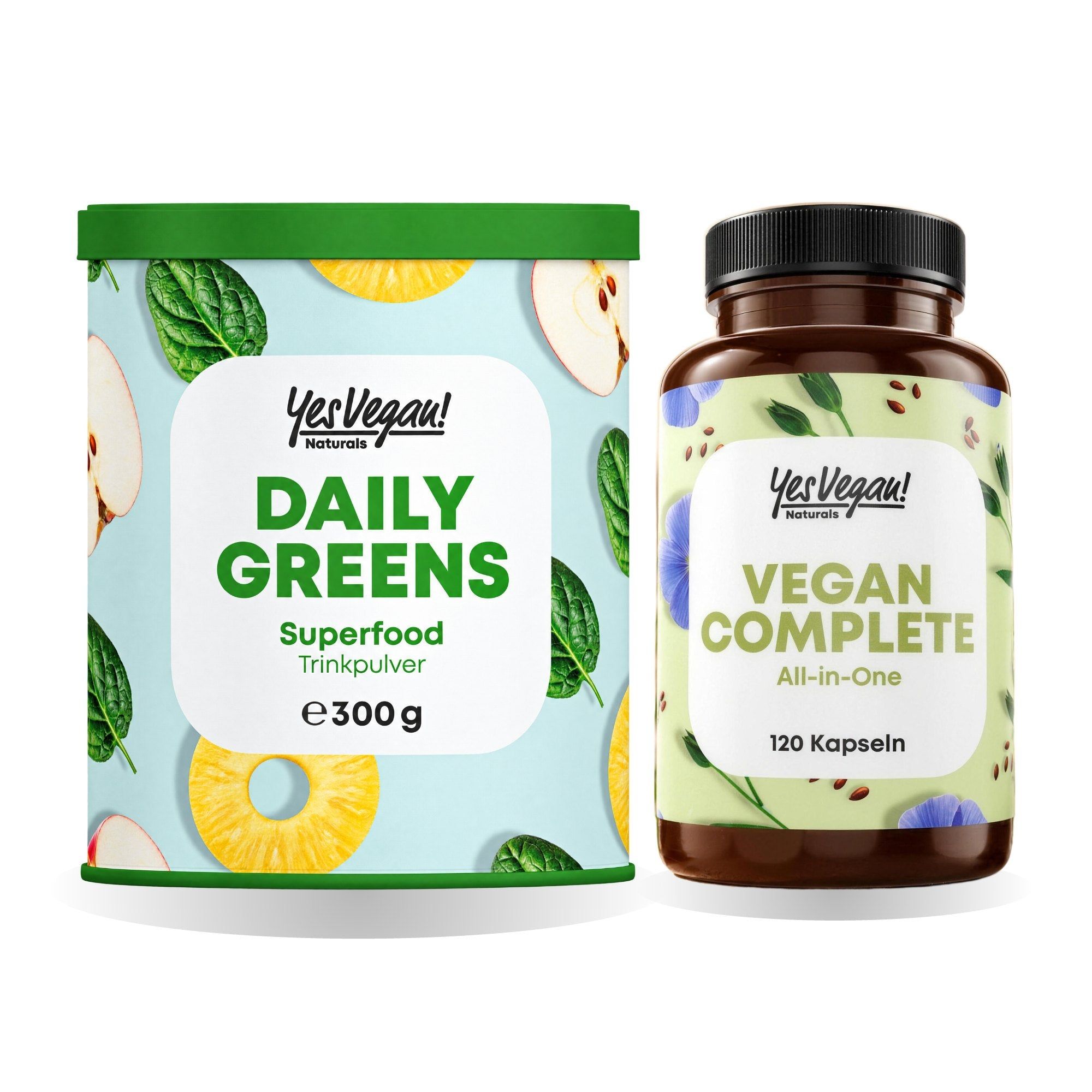Boîte de poudre à boire Superfood Daily Greens (300g) et bouteille de capsules Vegan Complete All-in-One (120 pcs).