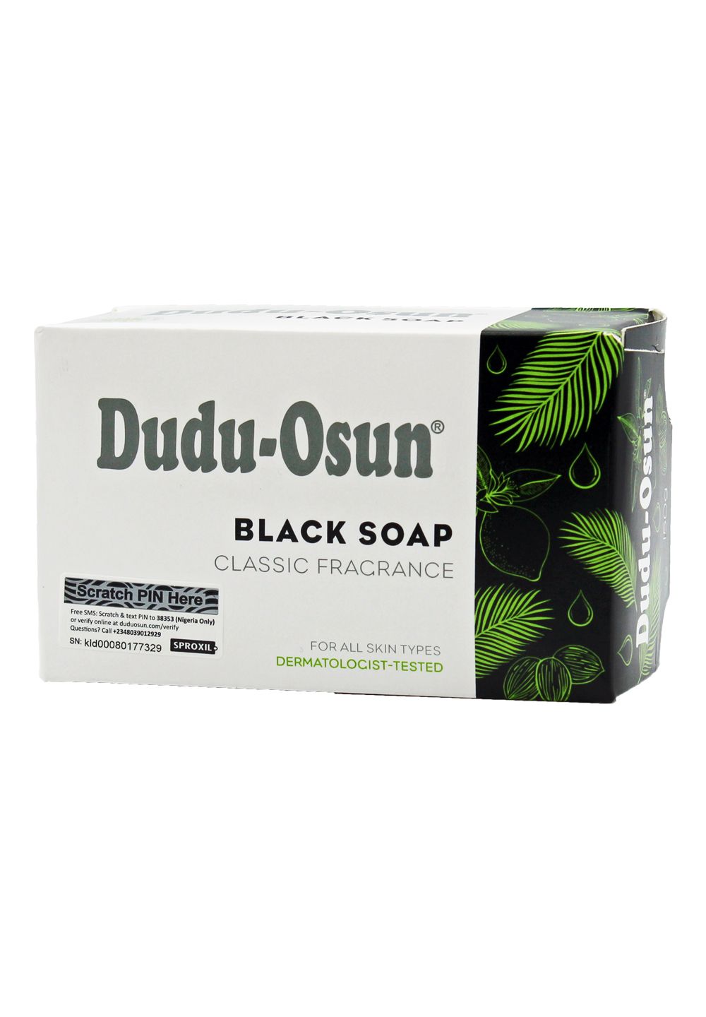 Dudu-Osun Black Soap Classic Fragrance verpakking. Dermatologisch getest.