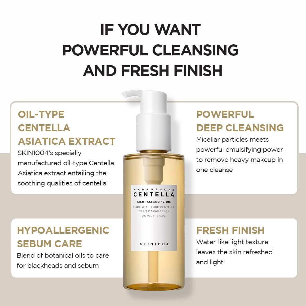 Graphique avec avantages produit. Texte : OIL-TYPE CENTELLA ASIATICA EXTRACT, HYPOALLERGENIC SEBUM CARE, POWERFUL DEEP CLEANSING, FRESH FINISH.