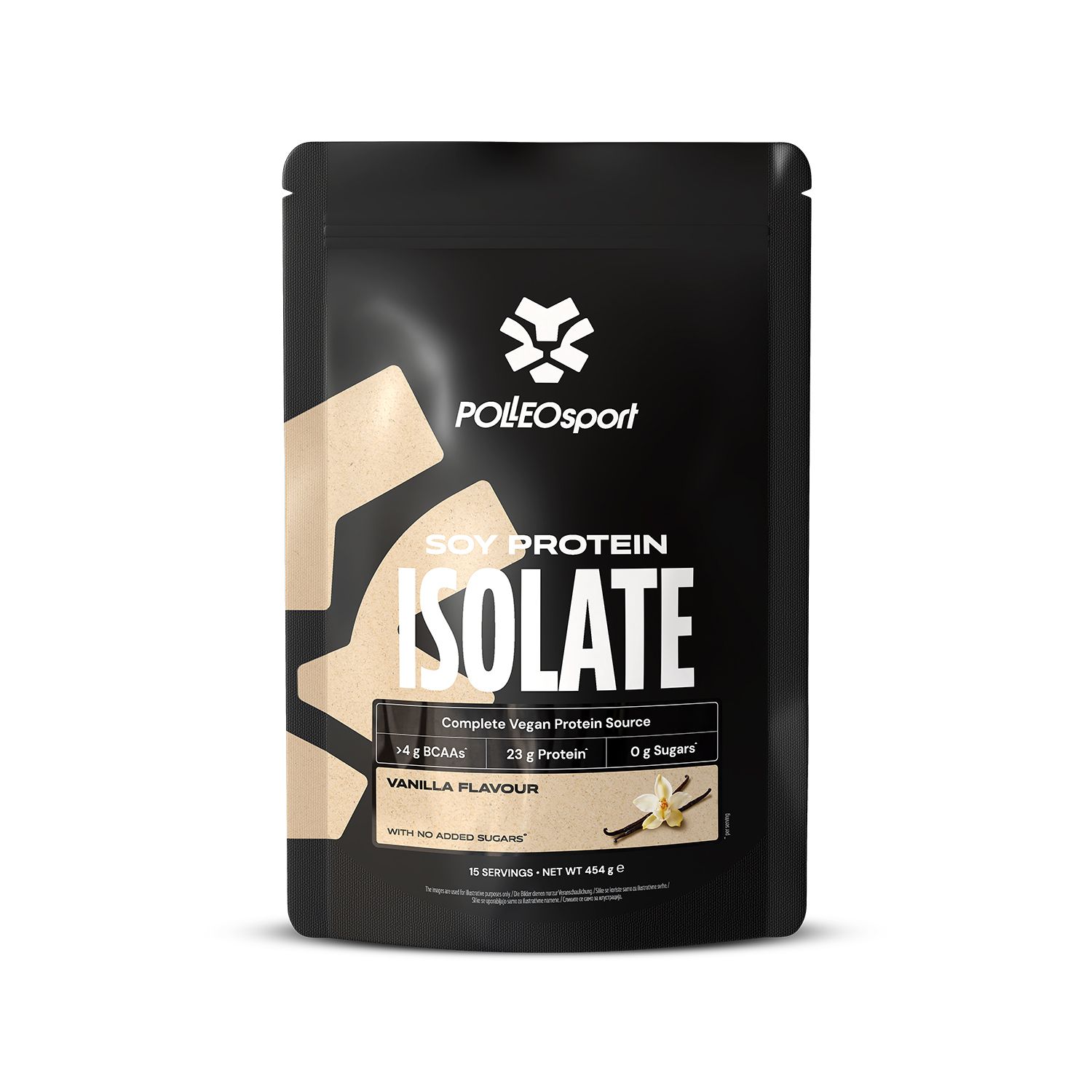 Zwarte verpakking met PolleoSport-logo en tekst SOY PROTEIN ISOLATE. Bevat 14g BCAA, 23g eiwit, 0g suiker. Vanillesmaak.