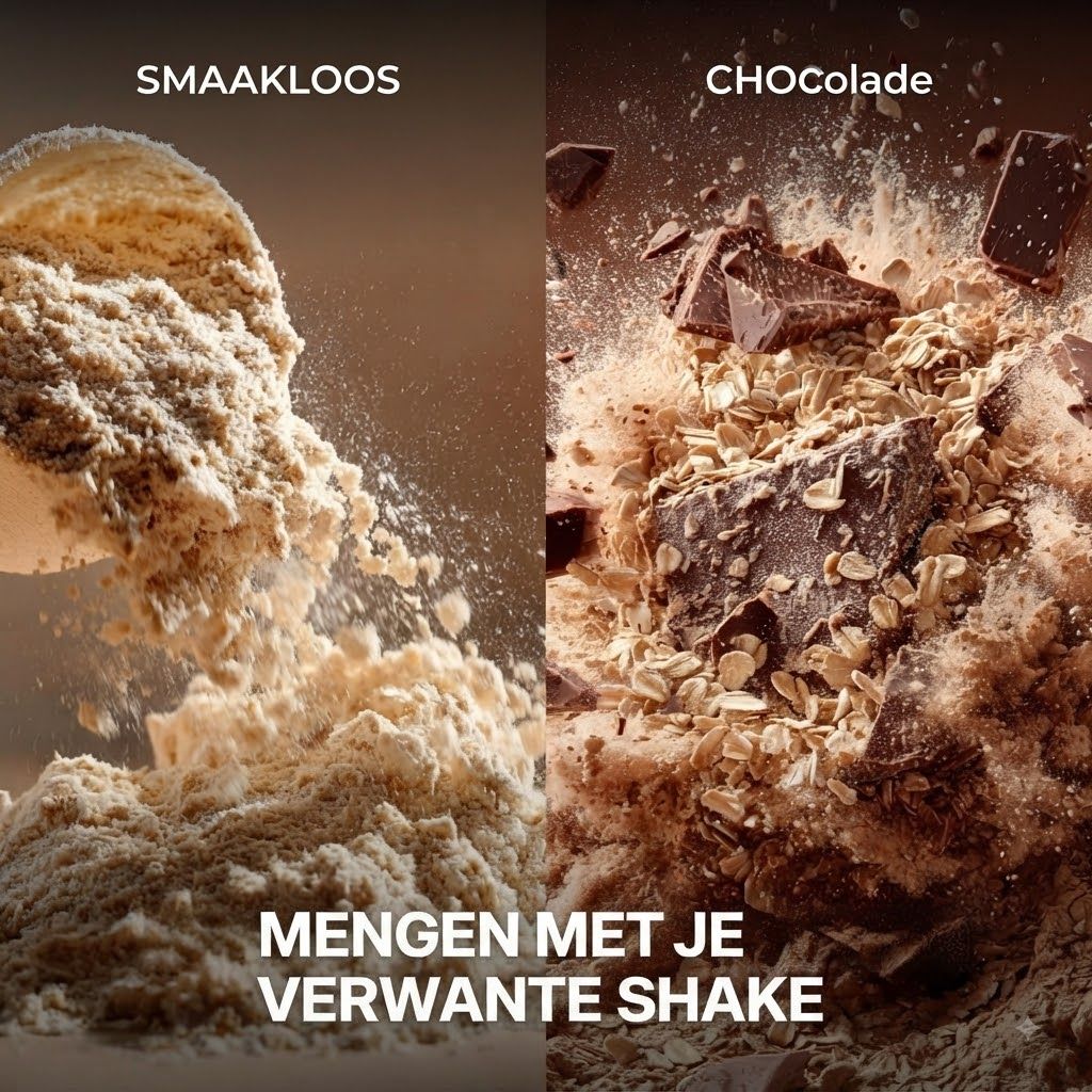 Poeder in een schep, ernaast stukken chocolade en havermout.