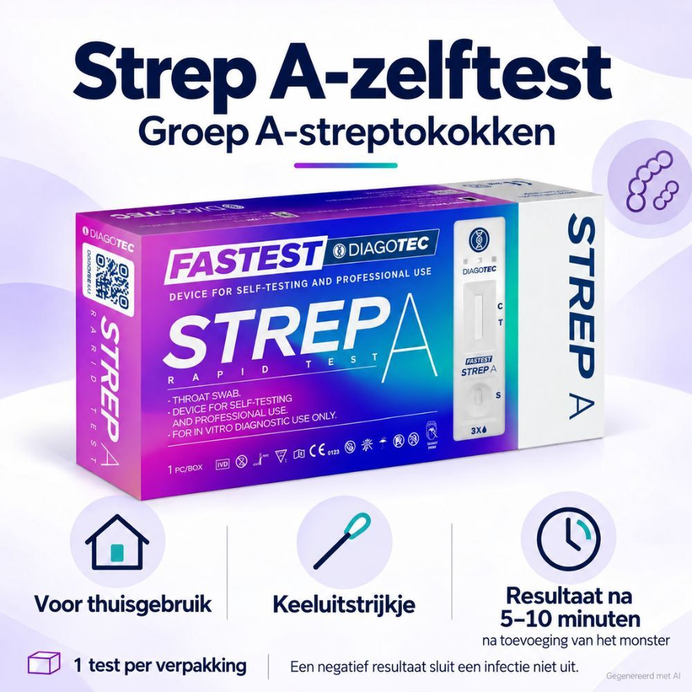 Verpakking van een sneltest voor groep A streptokokken voor thuisgebruik.