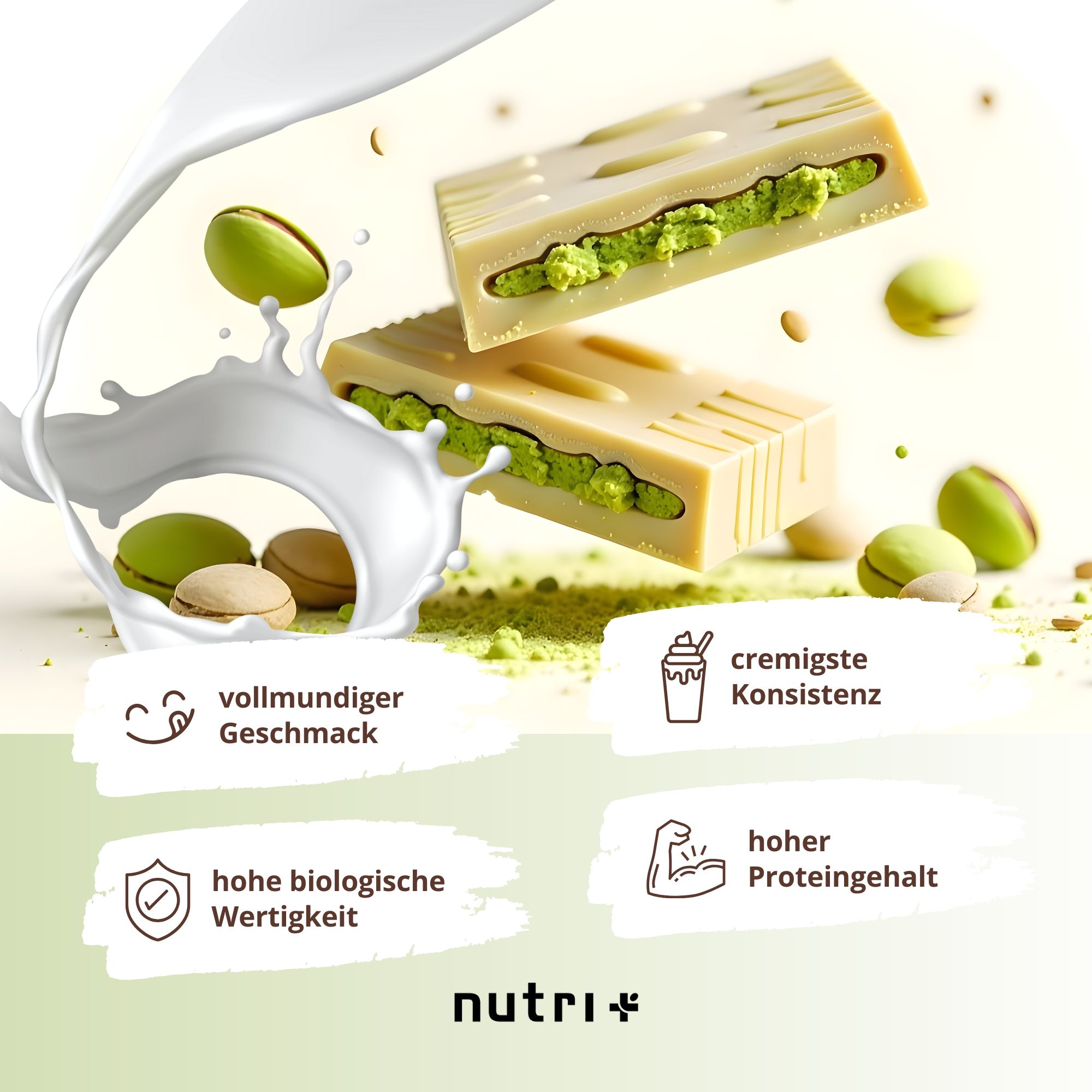Deux barres chocolatées fourrées à la pistache, entourées de lait. Texte : 'goût corsé', 'consistance crémeuse', 'haute valeur biologique', 'haute teneur en protéines'.