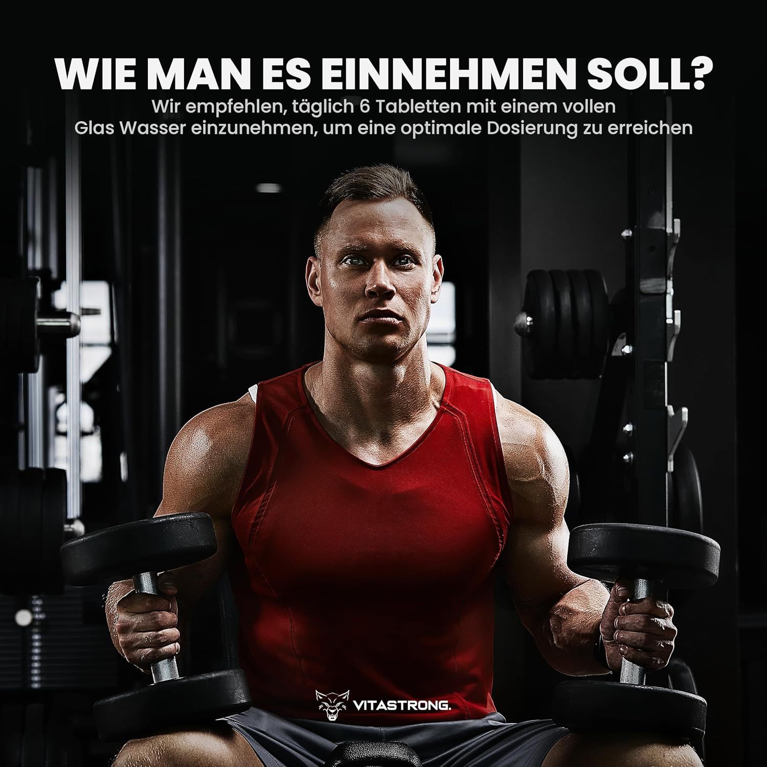 Homme dans une salle de sport avec des haltères. Texte : "COMMENT PRENDRE ?" et "6 comprimés avec un grand verre d'eau".