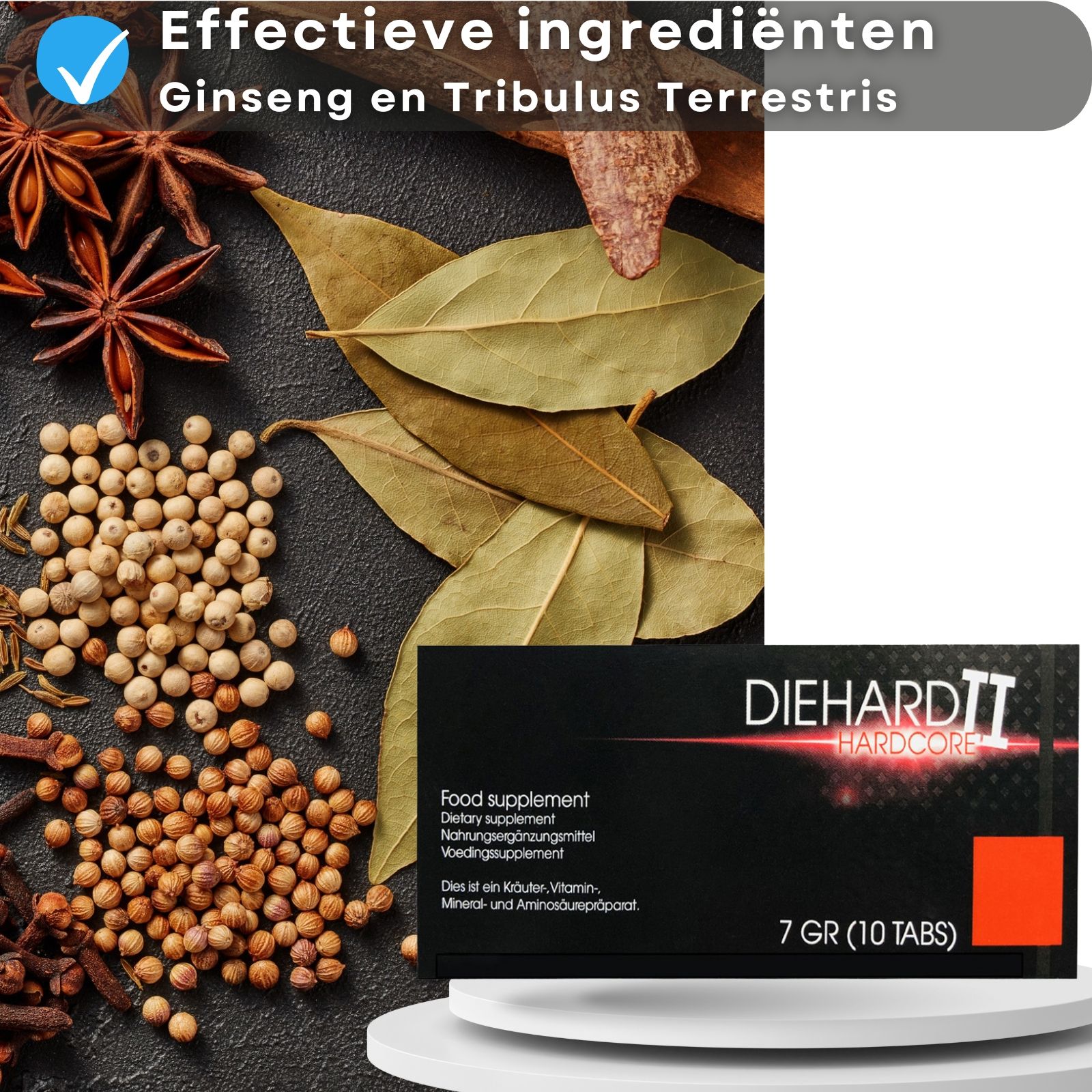 Productverpakking en ingrediënten. Opschrift: DIEHARD II HARDCORE, 7 GR (10 TABS). Specerijen en kruiden.
