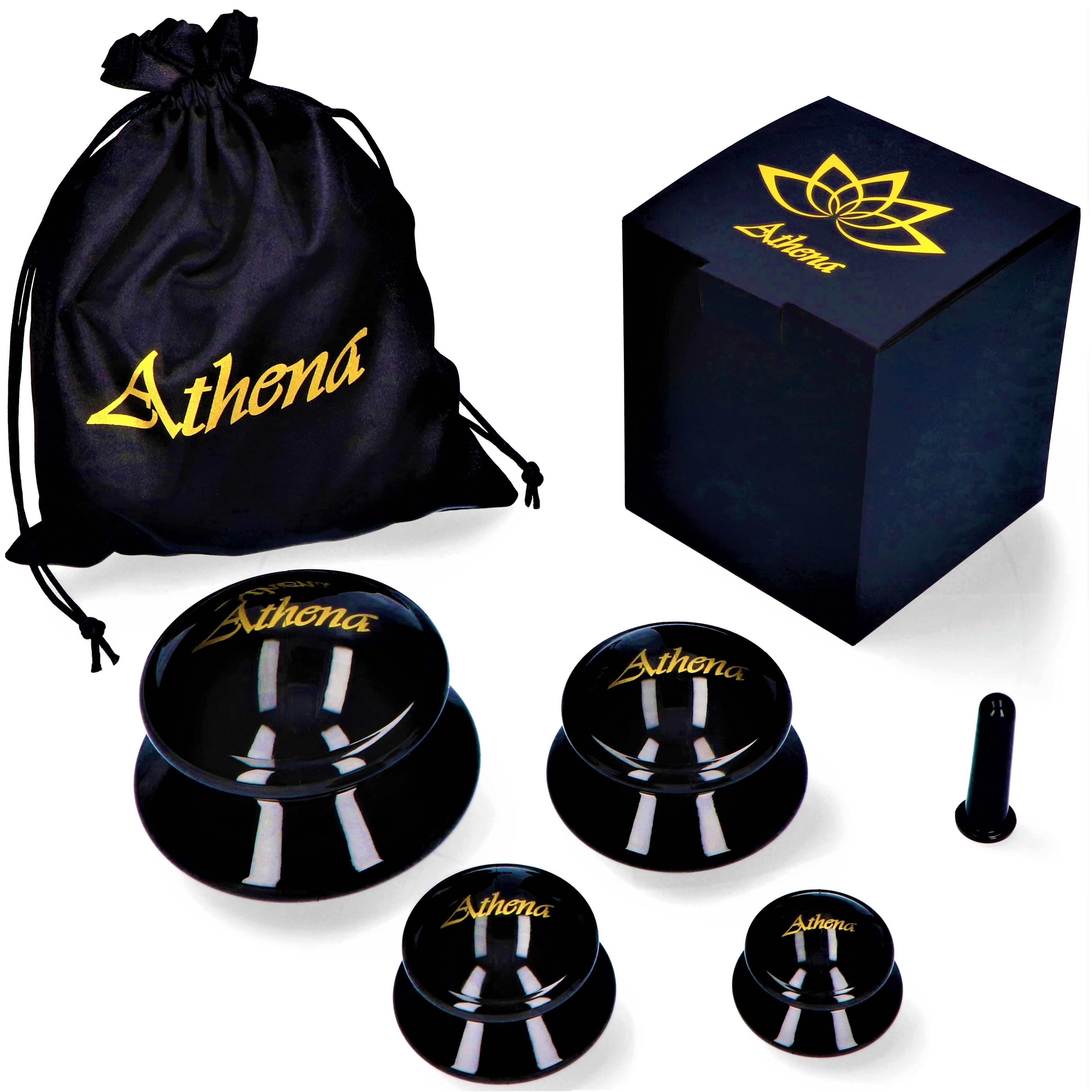 Ensemble noir de ventouses, sac et boîte. Ventouses avec logo. Accessoire.