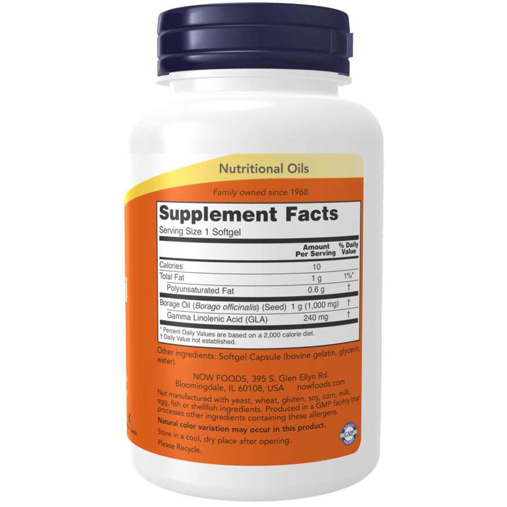 Bouteille de supplément, étiquette "Supplement Facts" et "Nutritional Oils". Contient de l'huile de bourrache (1.000 mg).