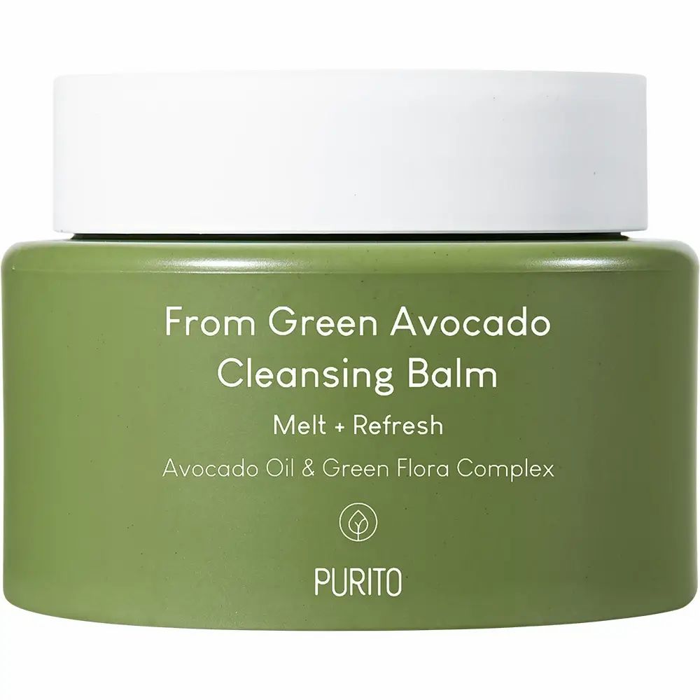 Groene pot met witte deksel. Opschrift: From Green Avocado Cleansing Balm, Melt + Refresh, Avocado Oil & Green Flora Complex. Merk: PURITO.