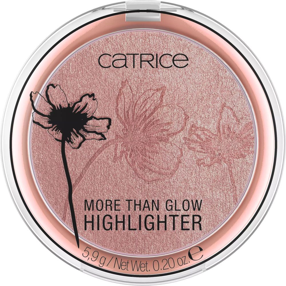 Highlighter compact de Catrice. Teinte rose avec motif floral. Texte : MORE THAN GLOW HIGHLIGHTER, 5,9 g / Net Wt. 0.20 oz.