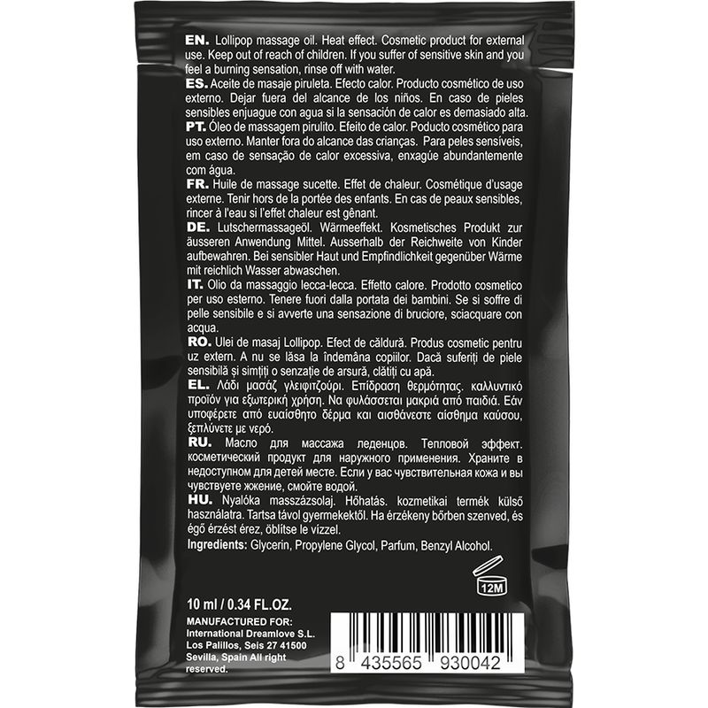 Dos de l'emballage d'huile de massage Coquette Lollipop. Contient des informations sur le produit et les ingrédients.