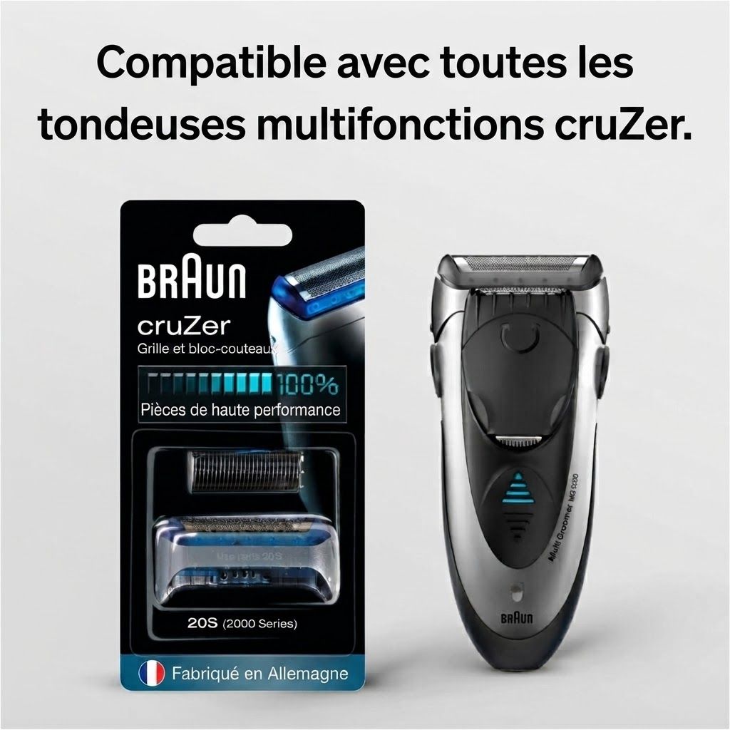 Tête de rasage et lames Braun CruZer dans leur emballage, à côté d'un rasoir électrique argenté et noir.
