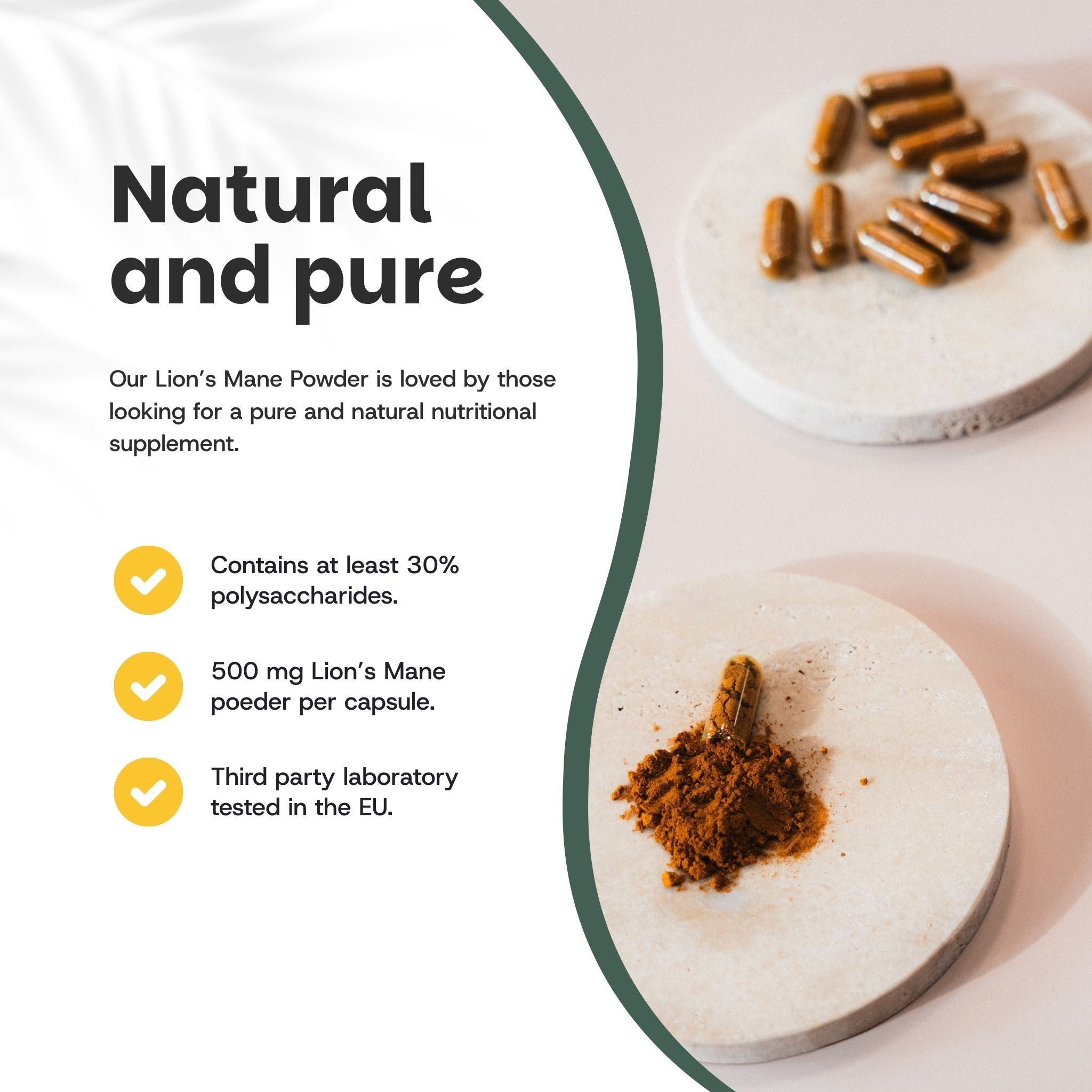 Gélules et poudre sur dessous de verre ronds. Texte : Contient au moins 30% de polysaccharides. 500 mg par gélule.