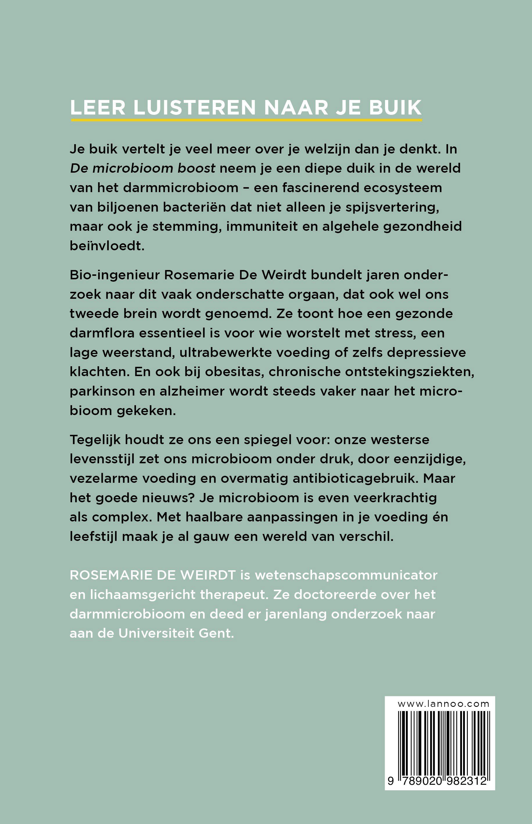 Boekrug en achterkant: tekst over het microbioom, auteur, uitgeverscode. Streepjescode.