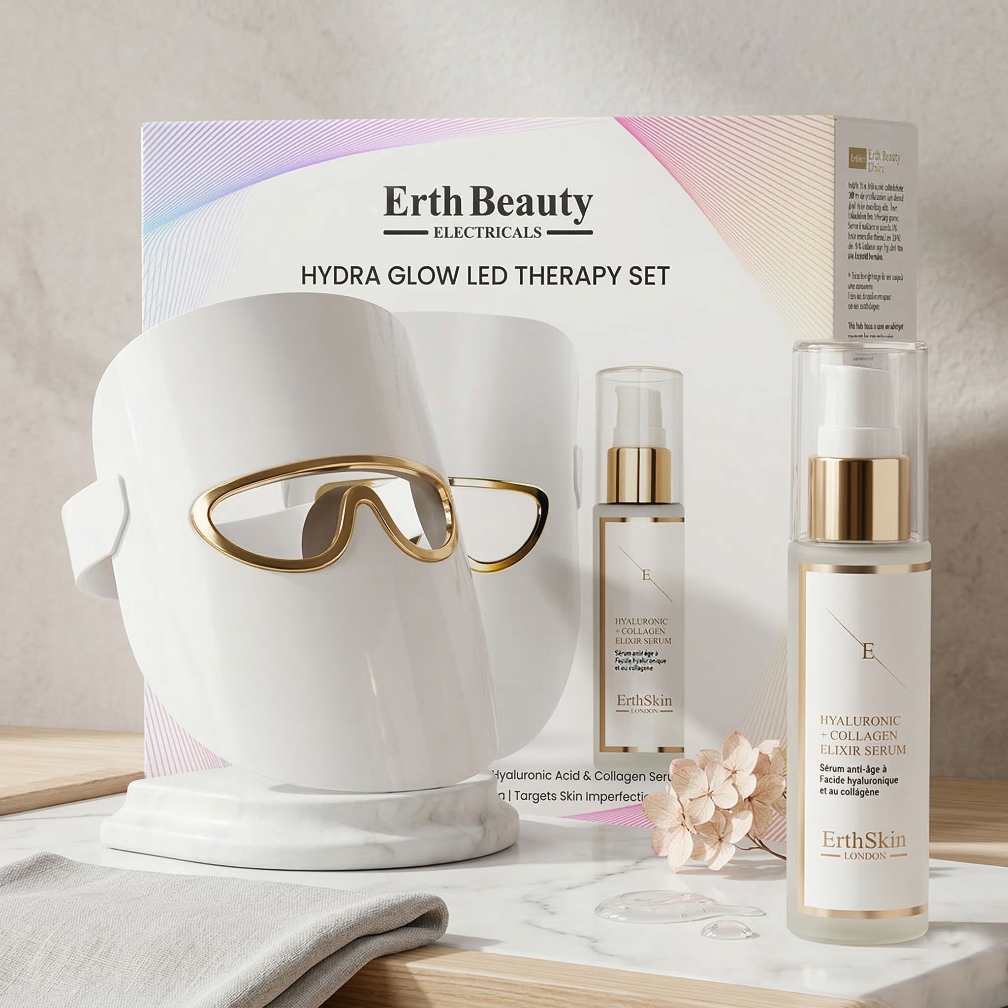 Ensemble Erth Skin London Hydra Glow LED Therapy avec masque facial et deux sérums, disposé sur une table.
