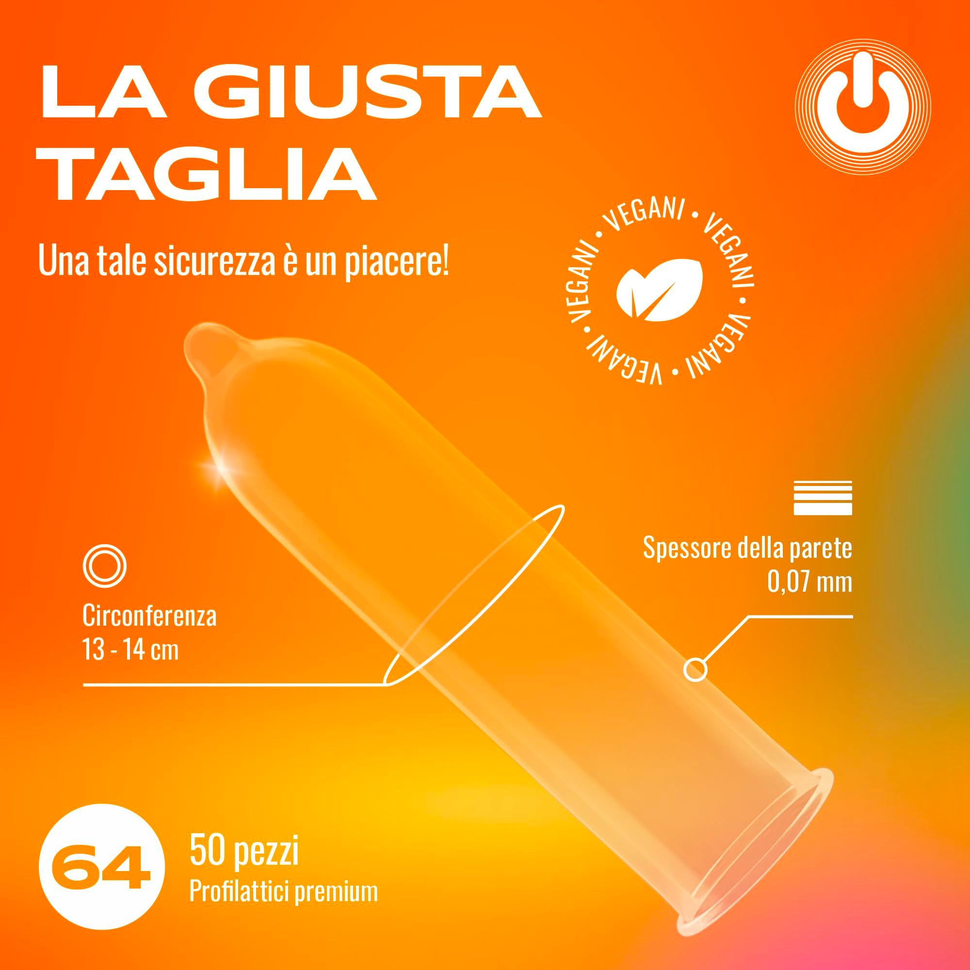 Préservatif ONsize, taille 64mm. Sceau vegan. Épaisseur 0,07mm. 50 pièces.