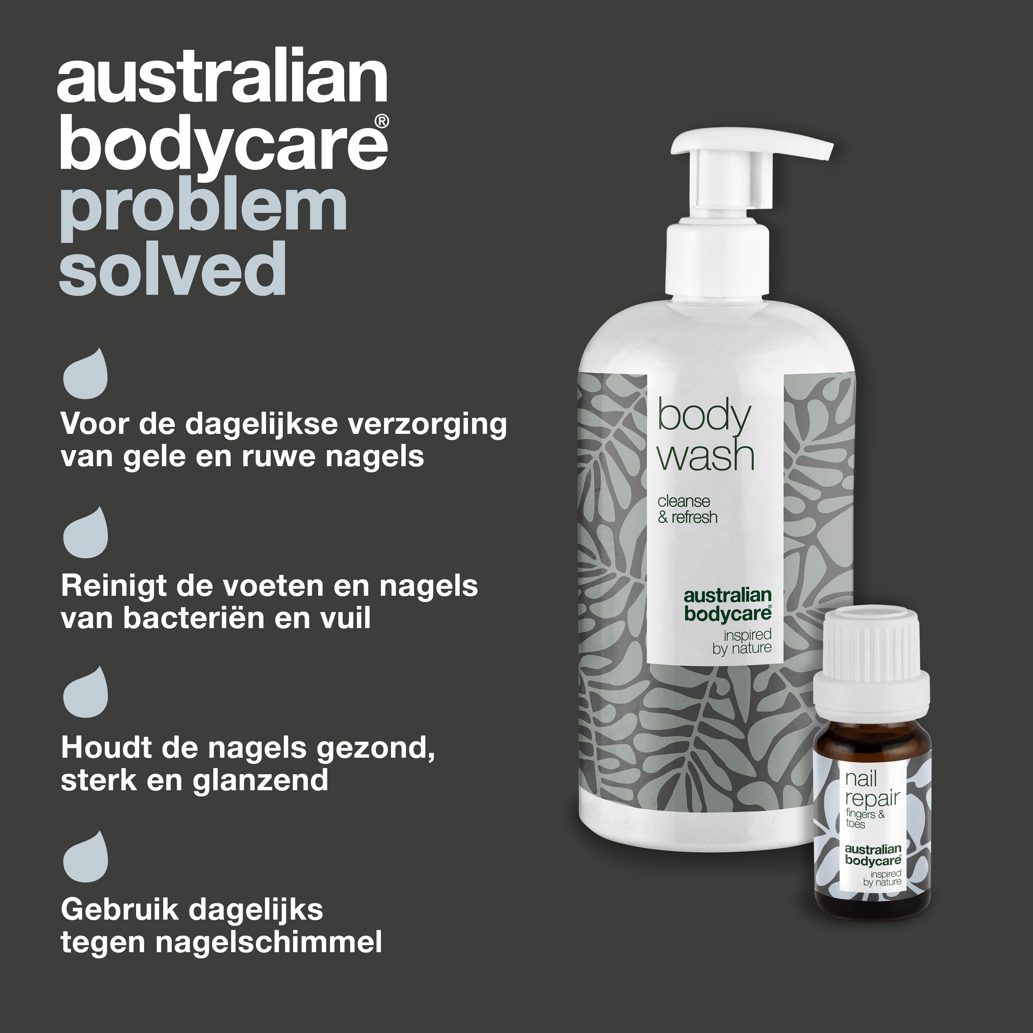 Productset: body wash en nagelolie. Opschrift: Australian Bodycare. Voordelen: tegen onzuiverheden, nagelverzorging.
