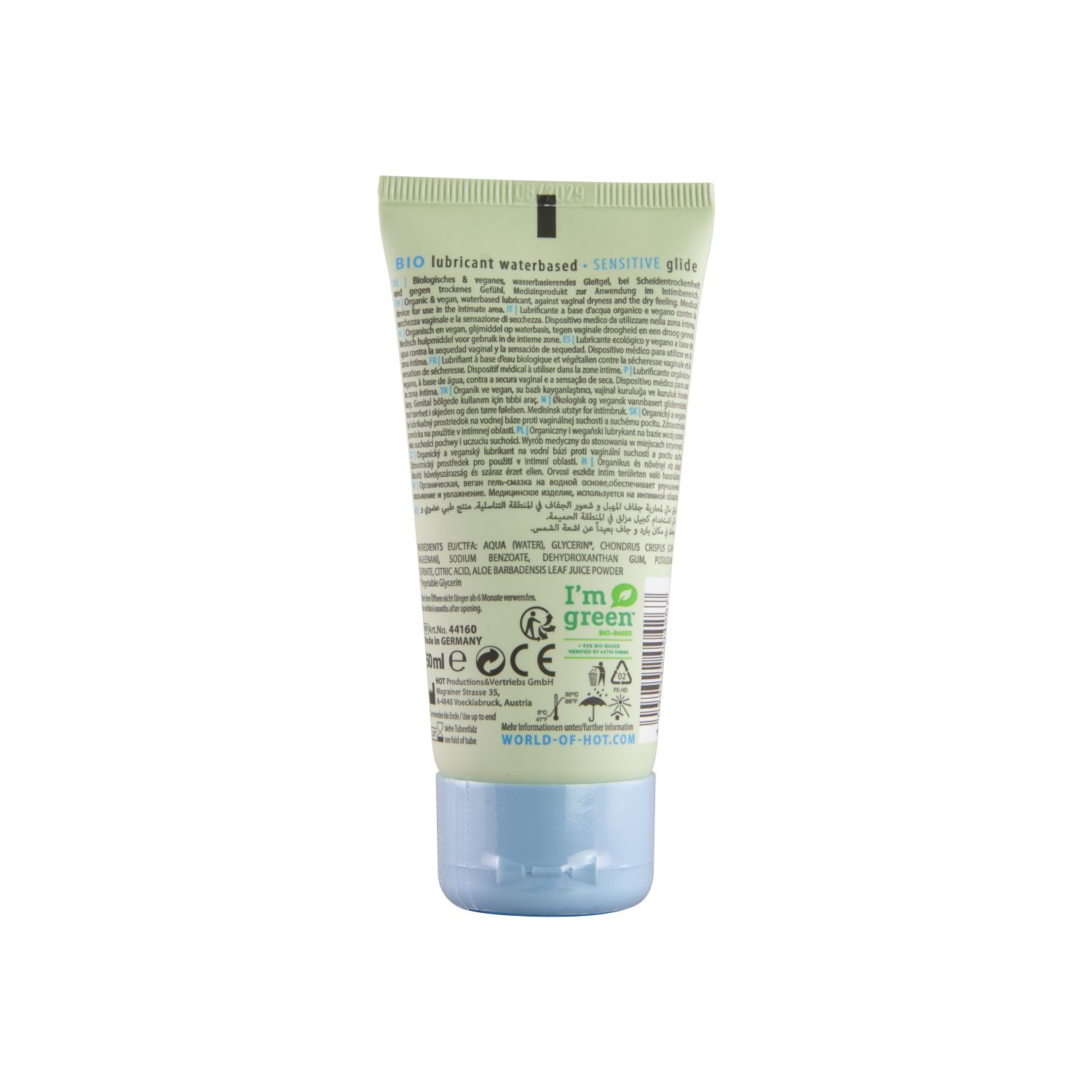 Achterkant BIO SENSITIVE HOT glijmiddel. Meertalige tekst, 'I'm green' keurmerk.
