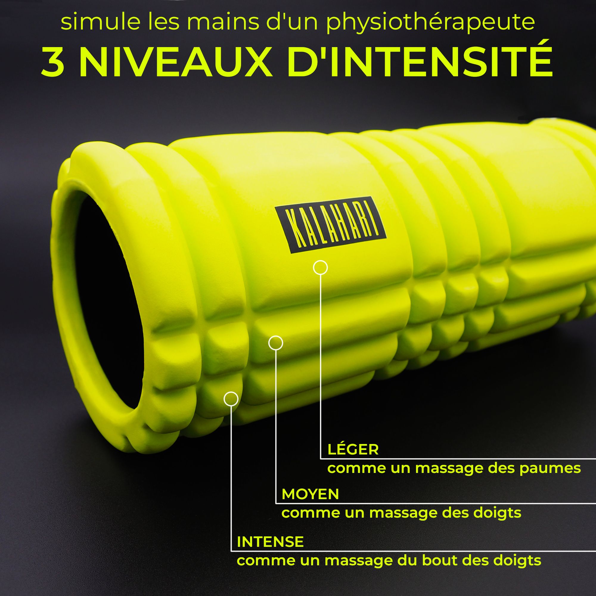 Rouleau de fascia jaune avec marqueurs pour 3 niveaux d'intensité.