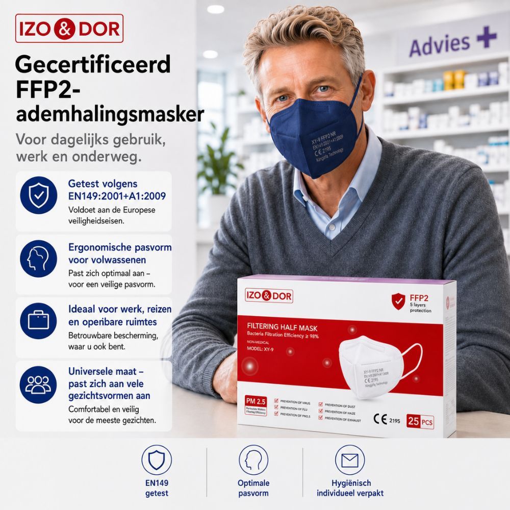 Vrouw draagt donkerblauw FFP2 masker. Verpakking toont 5-laagse bescherming, CE 2195.