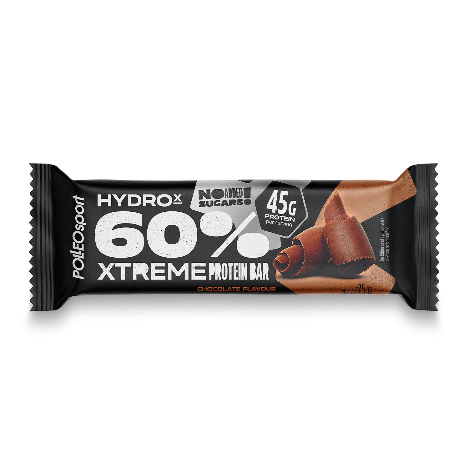 Zwarte eiwitreep met 60% eiwit, chocoladesmaak. Bevat 45g eiwit per portie. Verpakking met logo en productnaam. Suikervrij.