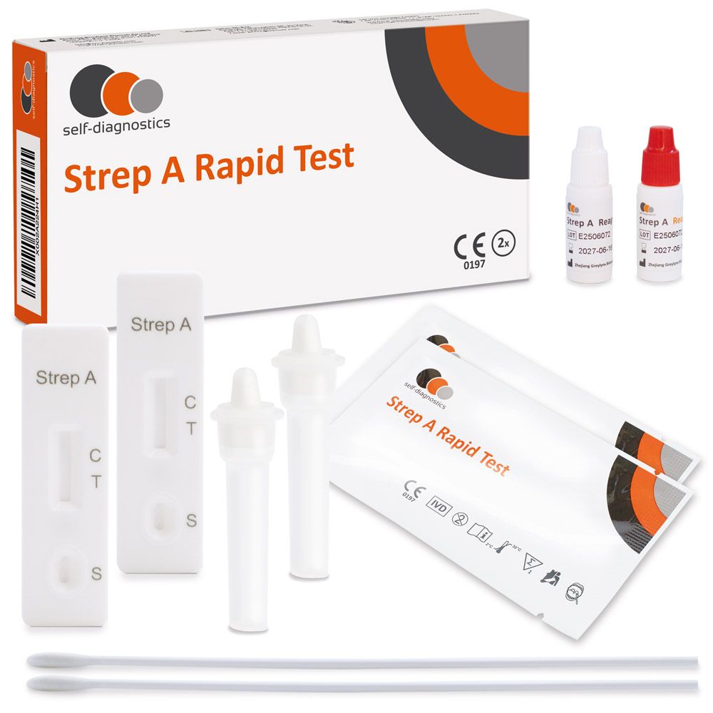 Strep A sneltestkit. Bevat cassettes, swabs, reagentia en instructies. CE-markering.